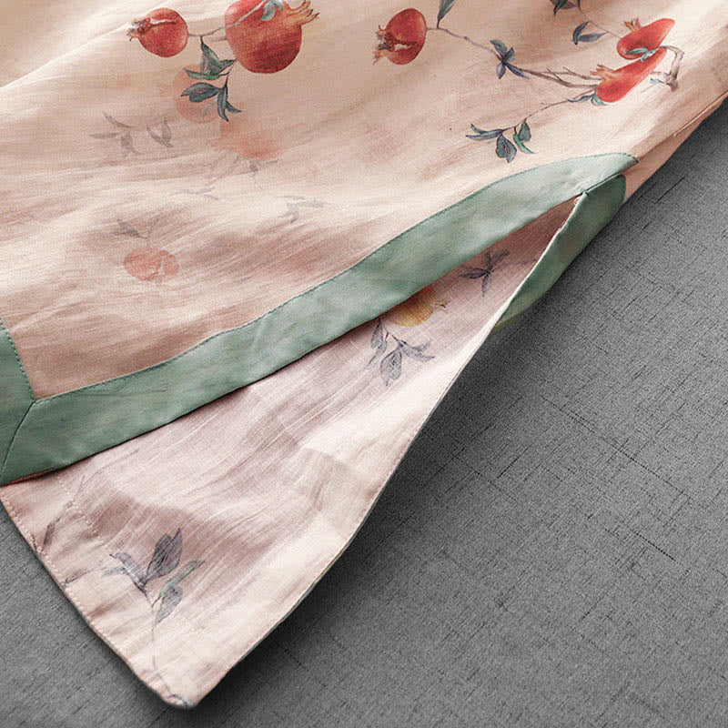 Buddha Stones Frog-Button Orchid Pomegranate Flowers Pattern Side Slit Design Half Sleeve Midi Dress