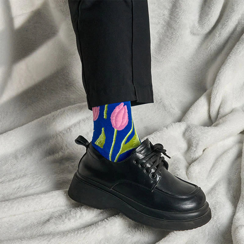 Buddha Stones Mediumblue Tulip Pattern Men Women Unisex Cotton Crew Socks