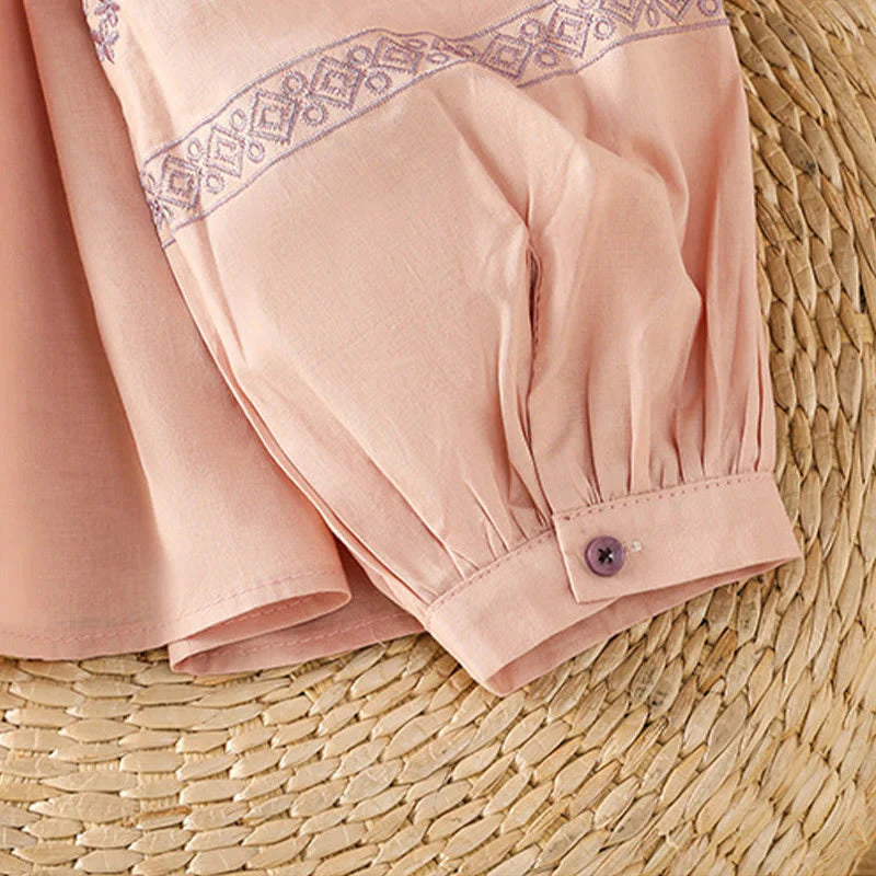 Buddha Stones Embroidery Pleated Buttons Long Lantern Sleeve Women's Cotton Shirt
