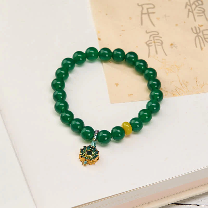 Buddha Stones Natural Green Agate Yellow Agate Lotus Charm Success Beaded Bracelet