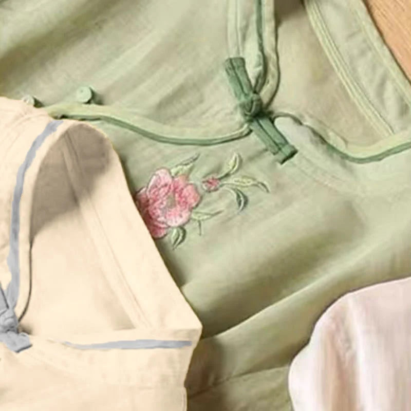 Buddha Stones Casual Vintage Embroidery Flower Pattern Chinese Frog-Button Crew Neck Design Women's Cotton Linen Shirt