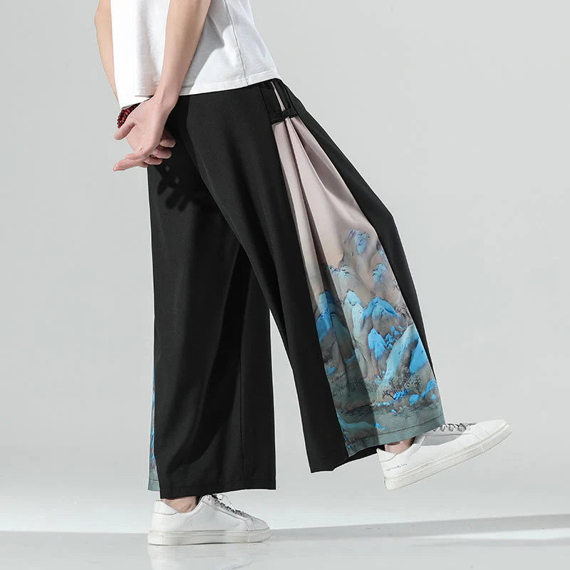 Buddha Stones Mountains Rivers Pattern Men's Wide Leg Pants With Pockets