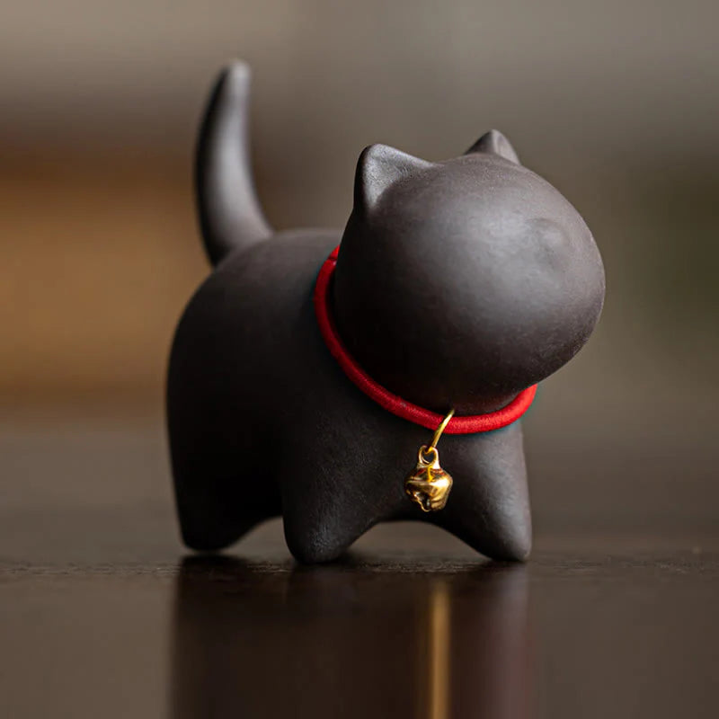 Buddha Stones Mini Lovely Red Rope Bell Cat Tea Pet Purple Clay Figurine Desk Decoration