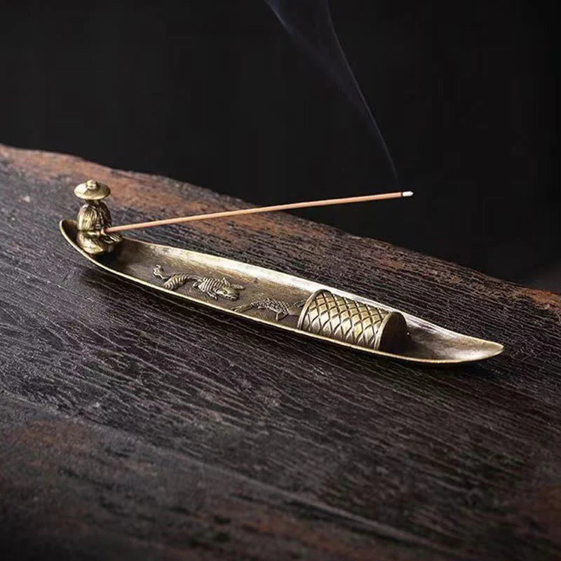 Buddha Stones Fisherman Boat Koi Fish Zinc Alloy Incense Stick Holder Healing Incense Burner Decoration