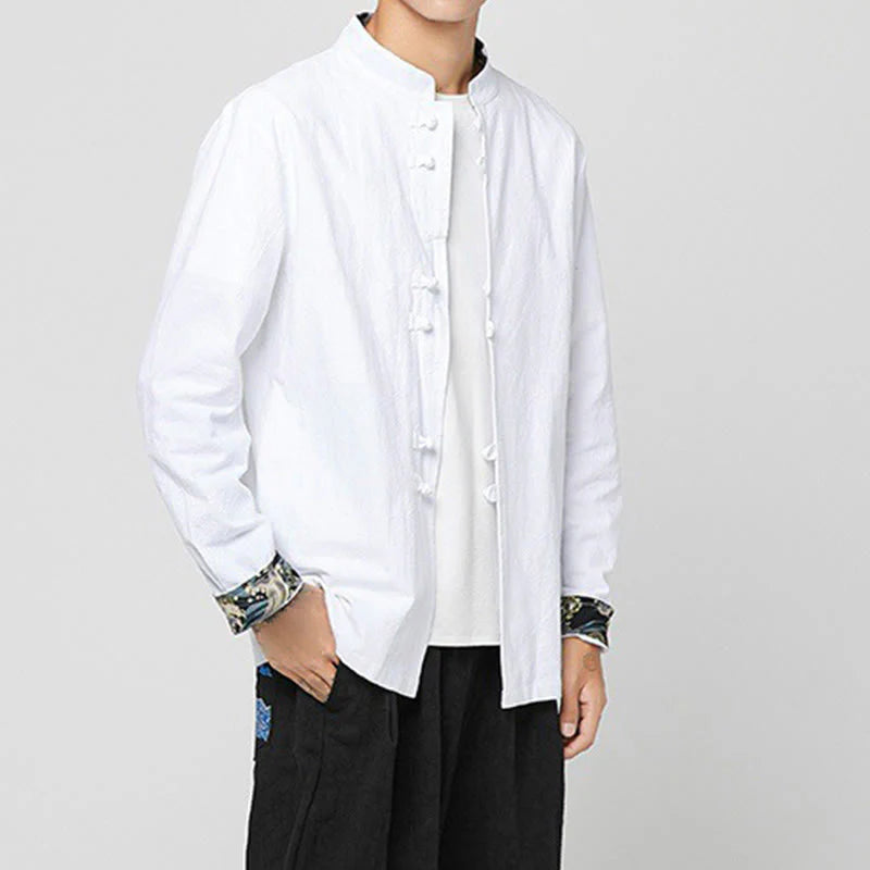 Buddha Stones Men's Frog-Button Dragon Pattern Cuffs Cotton Long Sleeve Shirt