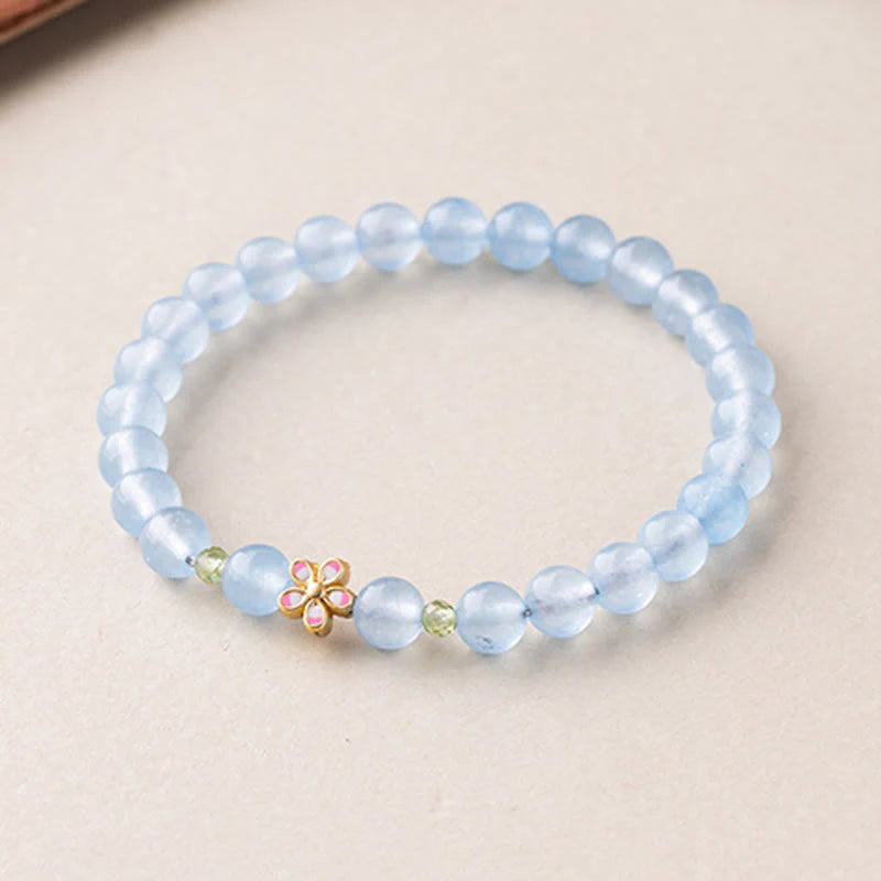 Buddha Stones Natural Aquamarine Gold-Plated Copper Flower Healing Bracelet