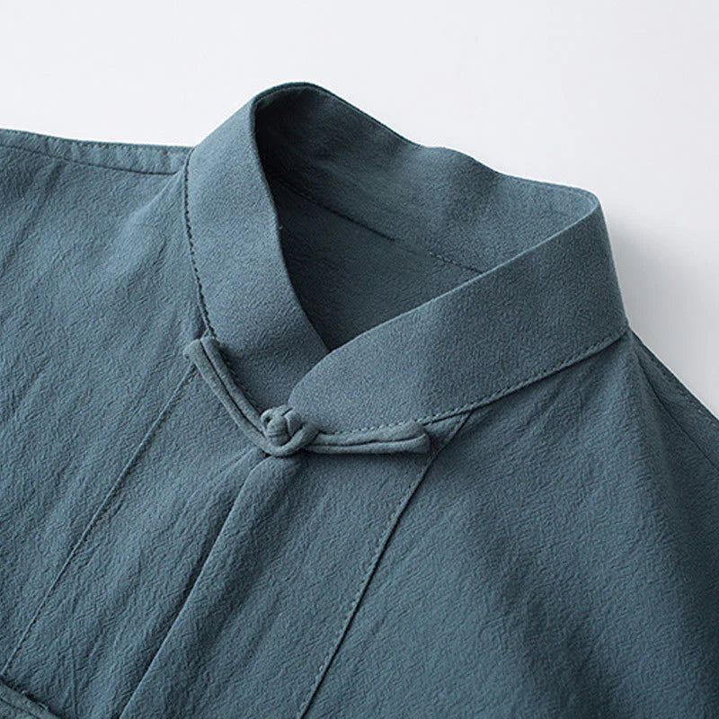Buddha Stones Frog-Button Chinese Tang Suit Half Sleeve Shirt Cotton Men Clothing With Pockets