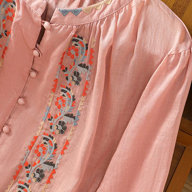 Buddha Stones Vintage Embroidery Single Row Multi-Button Placket Design Women's Cotton Linen Long Lantern Sleeve Shirt