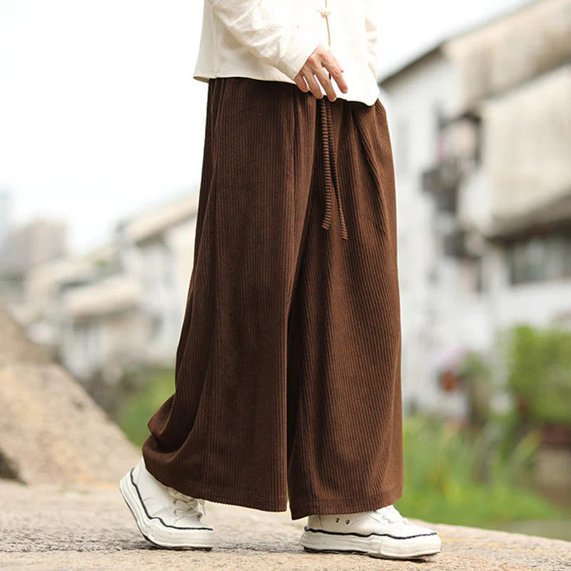 Buddha Stones Fall Solid Color Drawstring Design Men's Corduroy Wide Leg Pants With Pockets