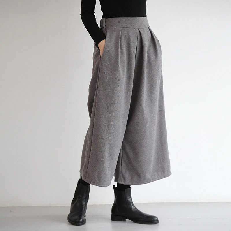 Buddha Stones Plain Elastic Waistband Design Women's 7-8 Length Wide Leg Pants With Pockets
