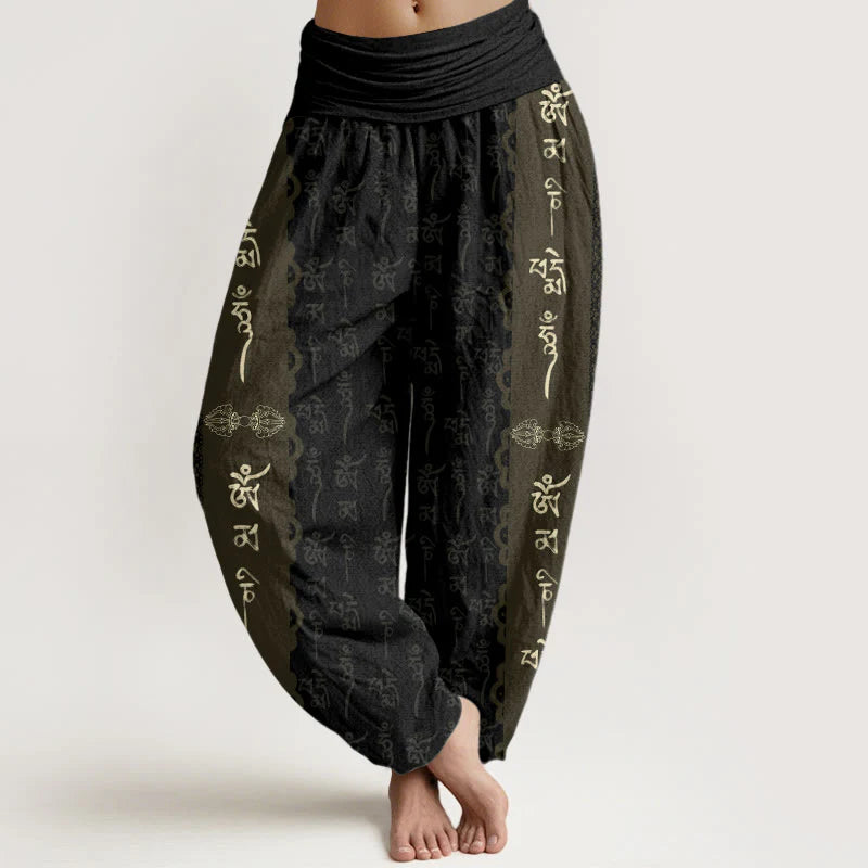 Buddha Stones Cotton Om Mani Padme Hum Pattern Women's Elastic Waist Harem Pants