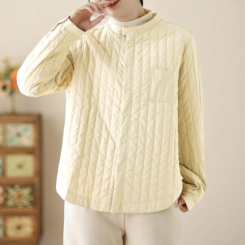 Buddha Stones Women's Stand Collar Simple Design Long Sleeve Thermal Cotton Jacket With Pocket