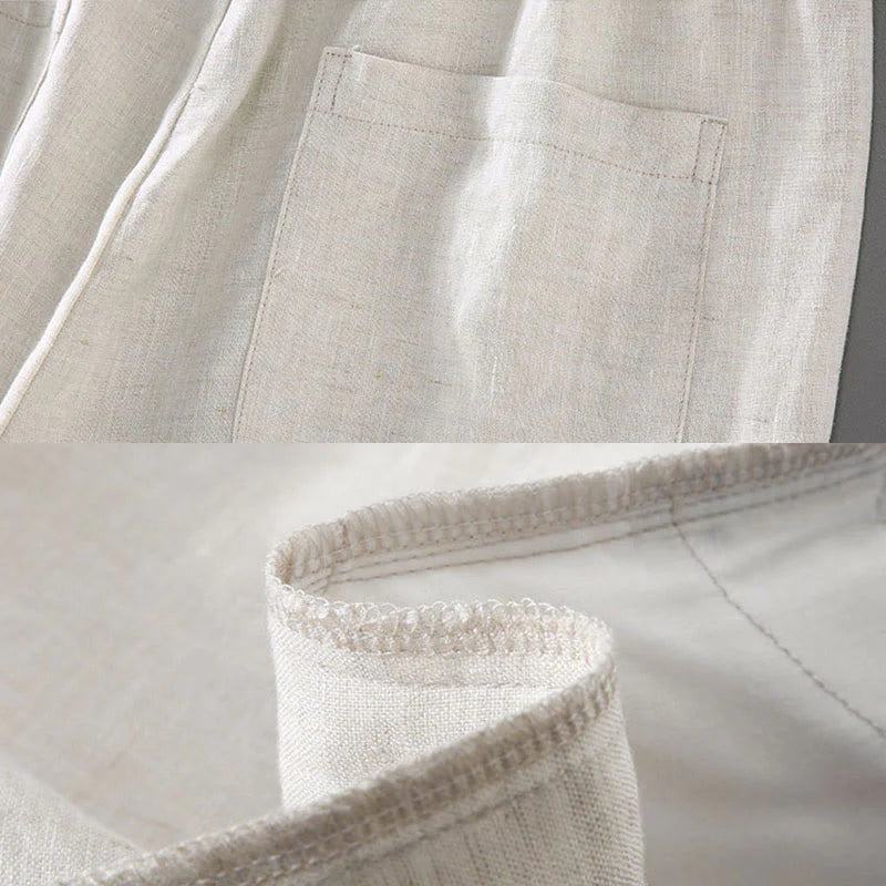 Buddha Stones Summer Solid Color Drawstring Button Design Men's Linen Shorts With Pockets