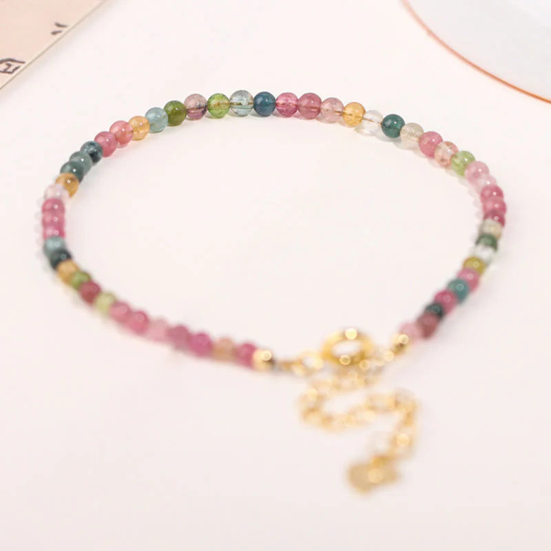 Buddha Stones 2mm Multicolor Tourmaline Ultra-thin Beads 14k Gold Plated Copper Wisdom Bracelet
