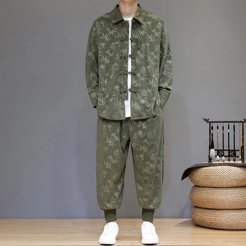 Buddha Stones 2Pcs Winter Thick Bamboo Men's Tang Suit Frog-Button Cotton Corduroy Long Sleeve Jacket Pants Set With Pockets