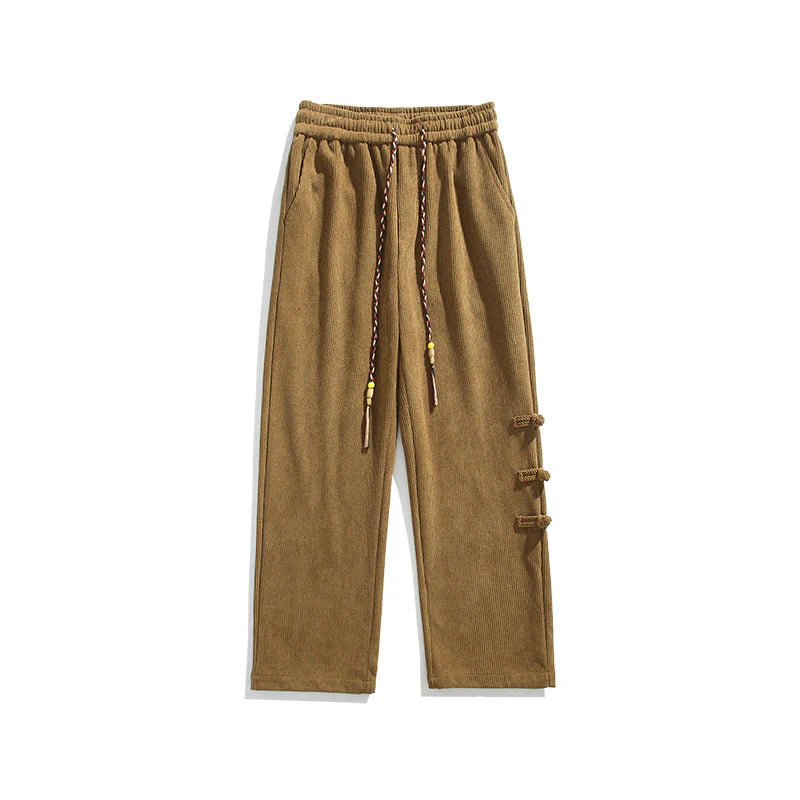 Buddha Stones Fall Solid Frog-Button Men's Drawstring Corduroy Straight Leg Pants With Pockets