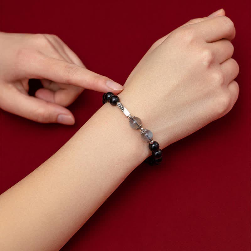 Buddha Stones 925 Sterling Silver Obsidian Moonstone Strength Couple Bracelet