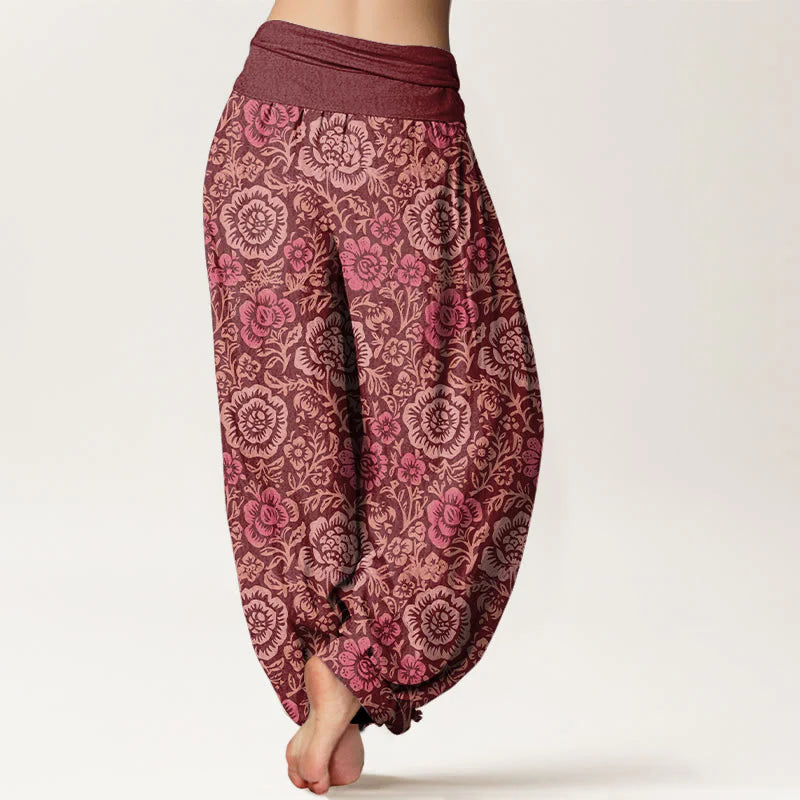 Buddha Stones Pure Cotton Vintage Pastoral Floral Pattern Women's Elastic Waist Harem Pants