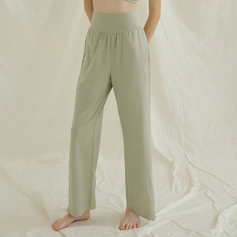 Buddha Stones Casual Loose Tie-down Hem Plain High Waist Women's Leica Pants With Pockets