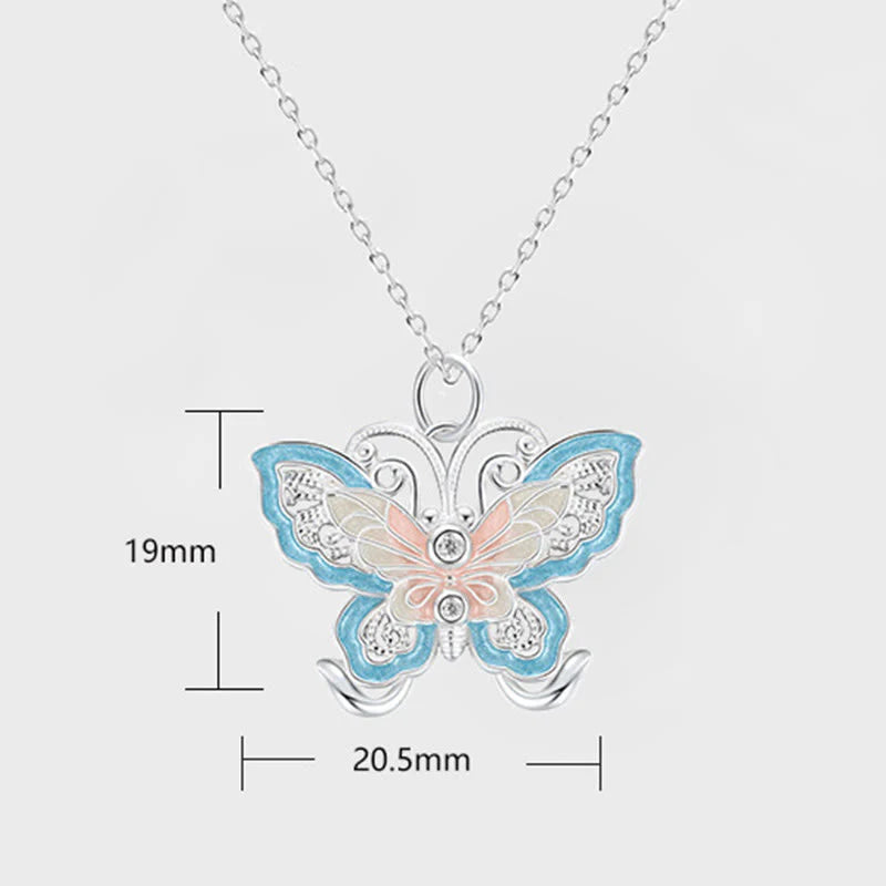 Buddha Stones 999 Sterling Silver Butterfly Blue Enamel Protection Necklace Pendant
