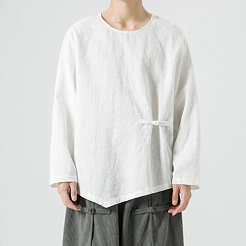 Buddha Stones Men's Chinese Frog-Button Plain Design Cotton Long Sleeve T-Shirt Zen Clothing