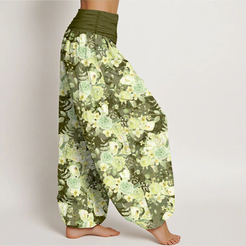 Buddha Stones Cotton Pastoral Flower Pattern Women's Elastic Waist Harem Pants