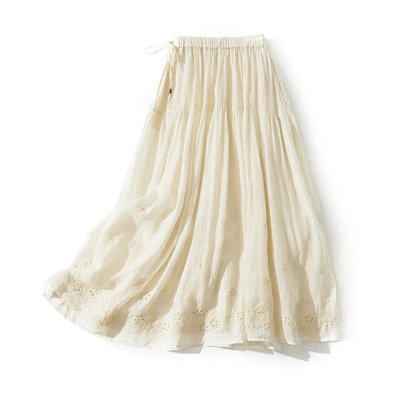 Buddha Stones Embroidery Hollow Design A-line Drawstring High Waist Women's Skirt With Pockets