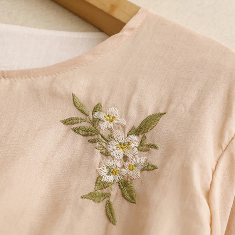 Buddha Stones Beige Floral Green Leaf Embroidery Crew Neck Three Quarter Sleeve Women's Cotton Shirt