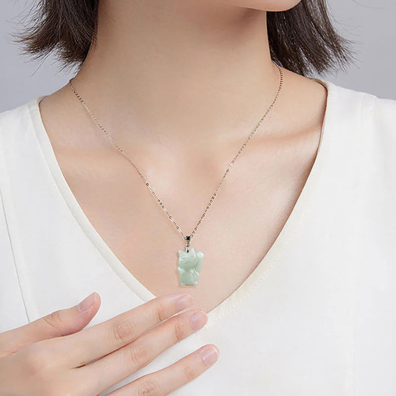 Buddha Stones Jade Fortune Cat Prosperity Titanium Steel Necklace Pendant