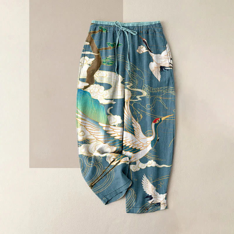 Buddha Stones Cotton Casual Flying Cranes Auspicious Clouds Tree Women's Elastic Waist Pants With Pockets