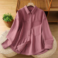 Buddha Stones Spring Plain Lapel Long Sleeve Women's Cotton Shirt With Pockets