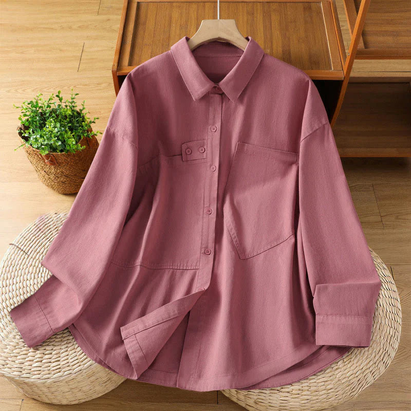 Buddha Stones Spring Plain Lapel Long Sleeve Women's Cotton Shirt With Pockets