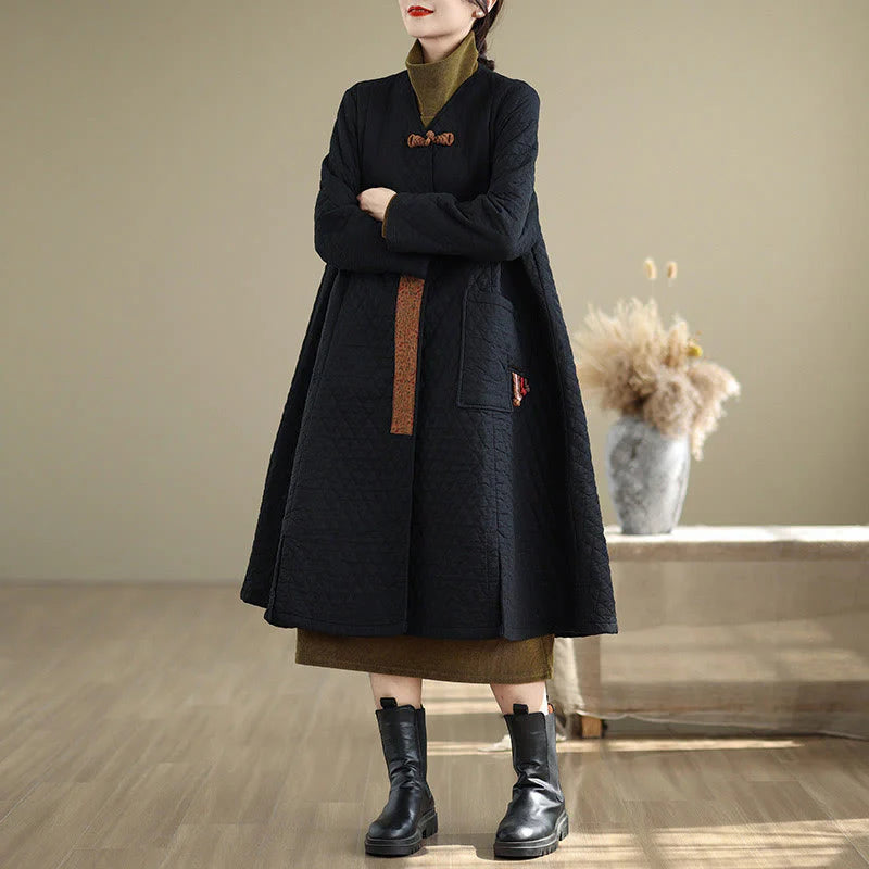 Buddha Stones Diamond Pattern Mid-length Women's Cotton Coat With Pockets