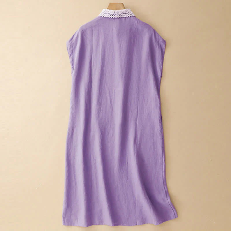 Buddha Stones Summer Hollow Lace Design Lapel Sleeveless Cotton Midi Dress With Pockets