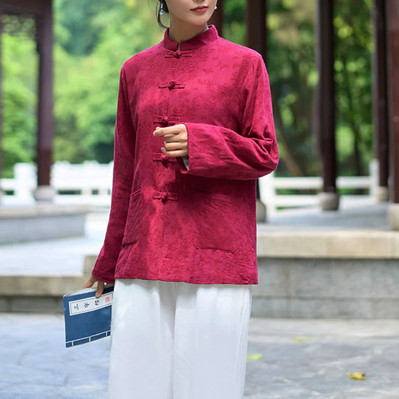Buddha Stones Frog-Button Long Sleeve Cotton Jacquard Women's Shirt Pants With Pockets