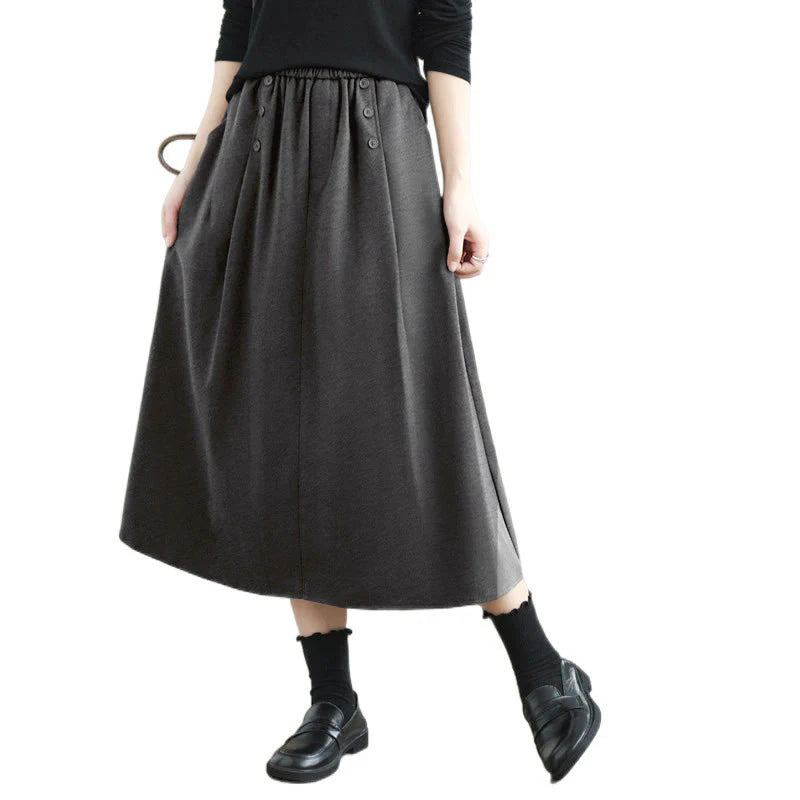 Buddha Stones Women's Winter Pure Color Cotton 7-8 Length Elastic Waistband Skirt With Pockets