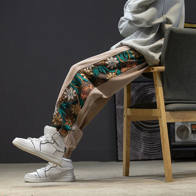 Buddha Stones Spring Men's Embroidered Flower Pattern Patchwork Cotton Pants With Pockets