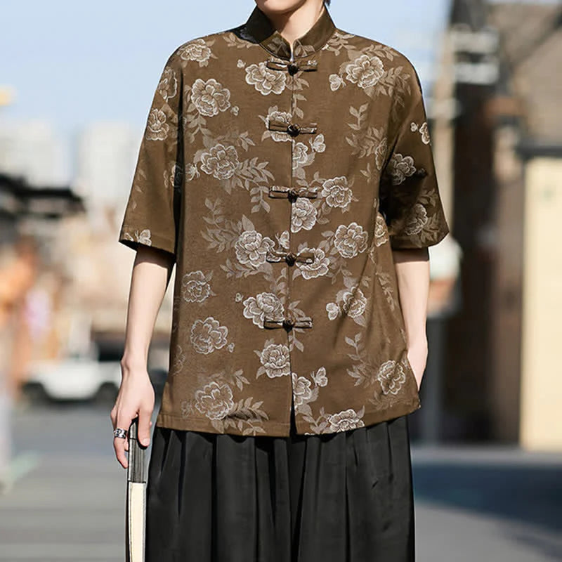 Buddha Stones Retro Frog Buttons Mandarin Collar Floral Jacquard Men's Short Sleeve Shirt