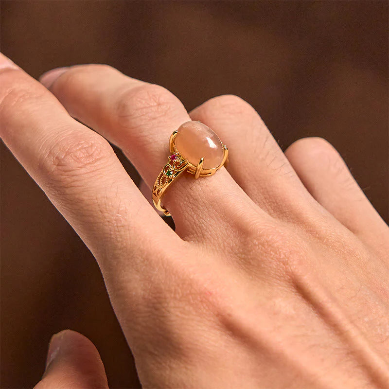 Buddha Stones Hollow Vine Design Peach Moonstone Adjustable Happiness Ring