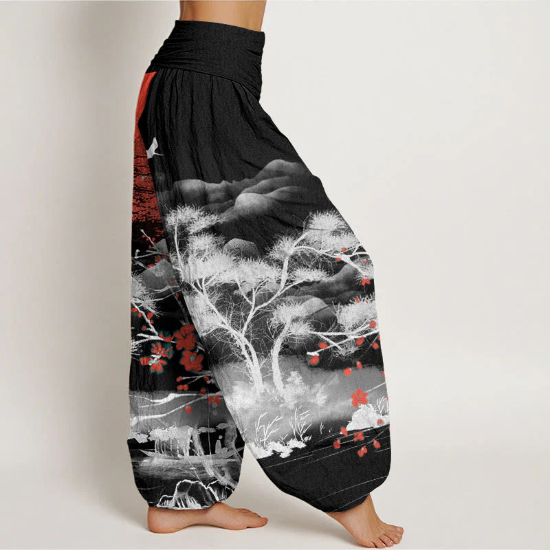 Buddha Stones Cotton Casual Red Plum Blossom Mountains Sun Pattern Women's Elastic Waist Harem Pants