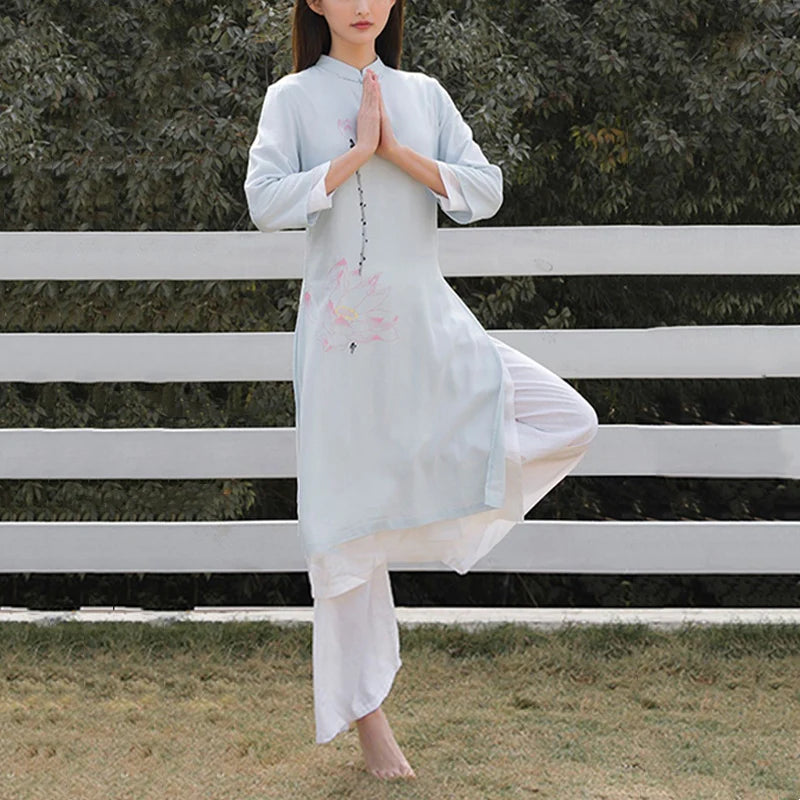 Buddha Stones 2Pcs Lotus Pattern Tai Chi Meditation Yoga Cotton Linen Clothing Top Pants Women's Set  (Extra 30% Off | USE CODE: FS30)