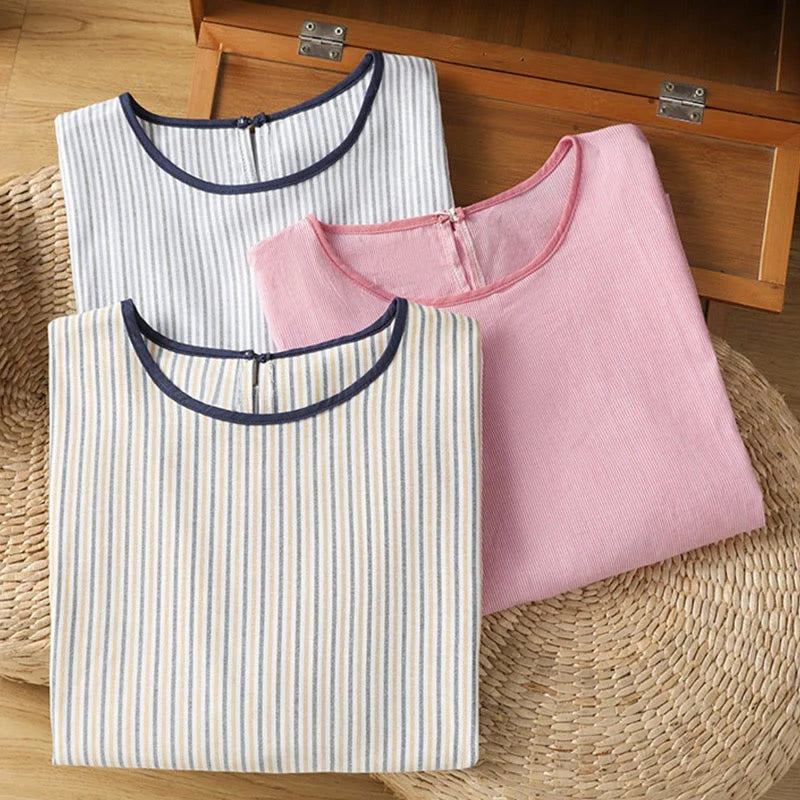 Buddha Stones Pullover Stripes Crew Neck Design Women's Cotton Short Sleeves Shirt