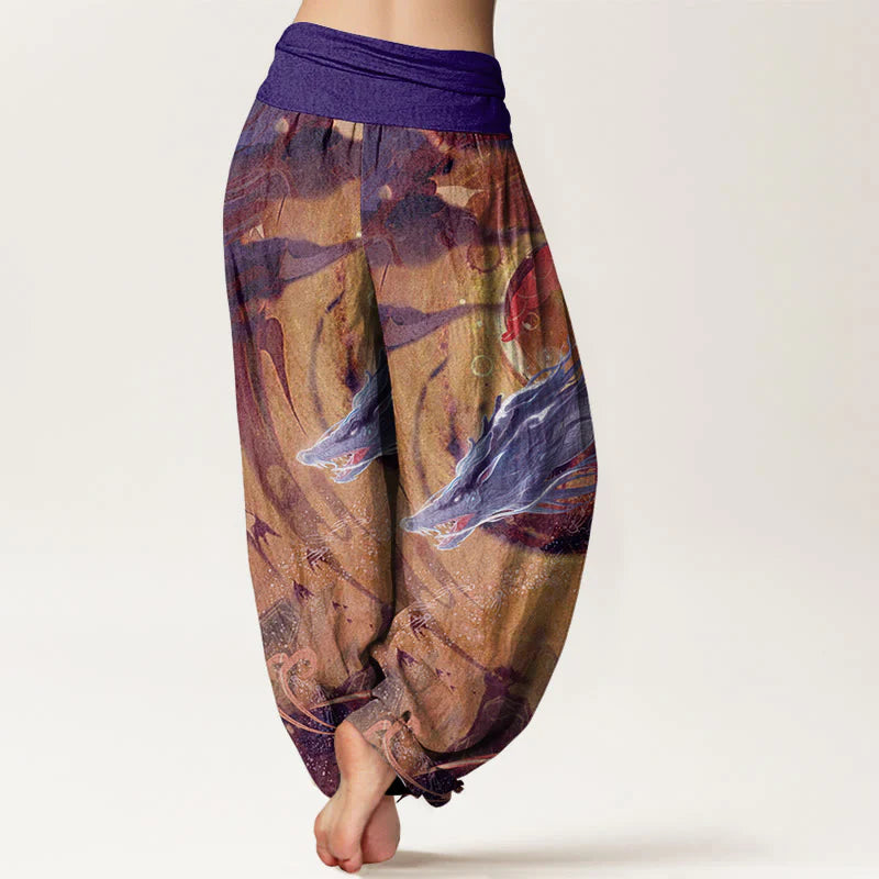 Buddha Stones Pure Cotton Dragon Auspicious Clouds Pattern Women's Elastic Waist Harem Pants