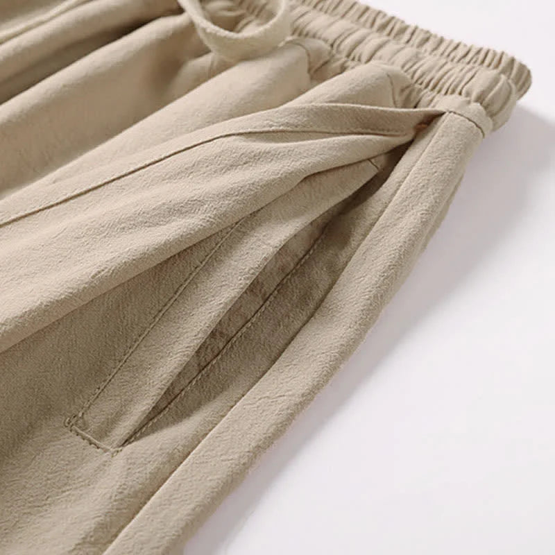 Buddha Stones Summer Embroidery Capri Length Cotton Linen Men's Wide Leg Pants With Pockets