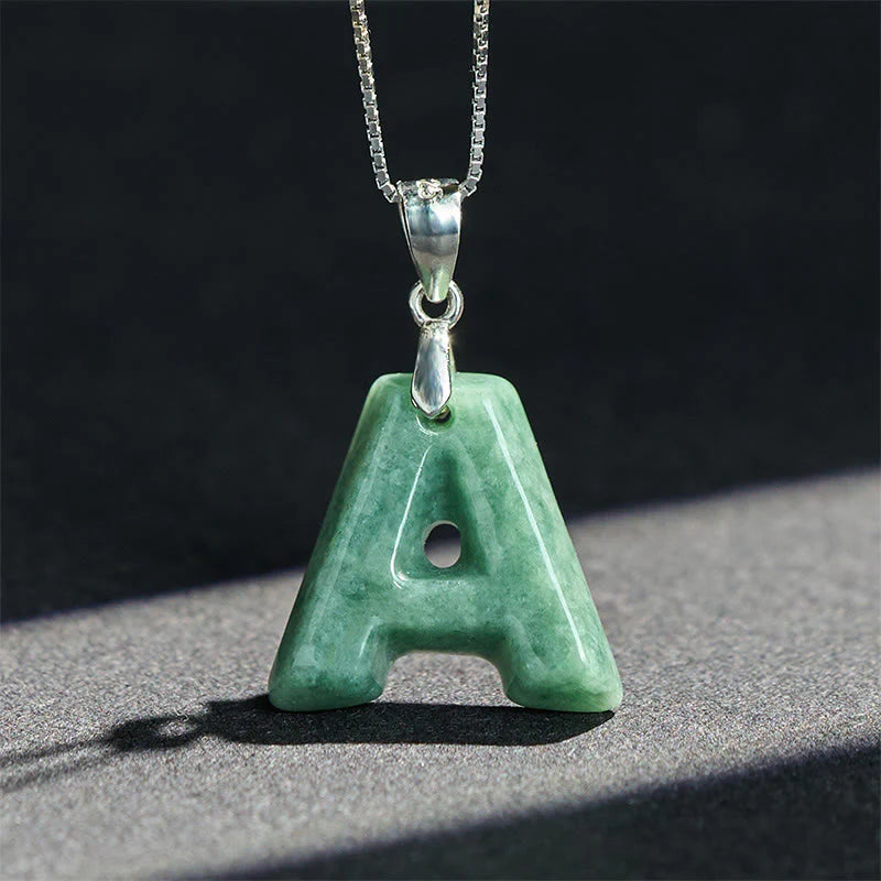 Buddha Stones Natural A-Z Letter Jade 925 Sterling Silver Silm Chain Prosperity Necklace Pendant