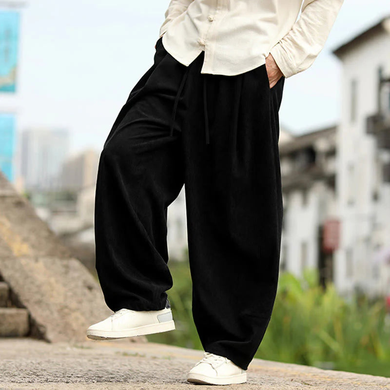 Buddha Stones Fall Solid Elastic Waist Drawstring Men's Harem Pants With Pockets