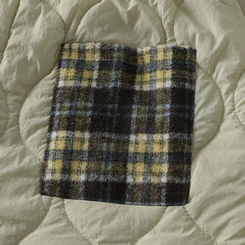 Buddha Stones Winter Curved Lines Elastic Waist Drawstring Patchwork Plaid Cotton Thermal Women's Pants With Pockets