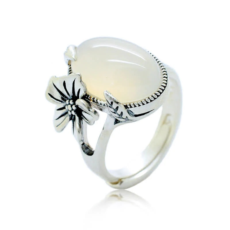 Buddha Stones 990 Sterling Silver Natural Chalcedony Plum Positive Harmony Ring