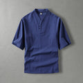 Buddha Stones Casual Plain Color Two Buttons V-neck Three Quarter Sleeve Cotton Men's Shirt