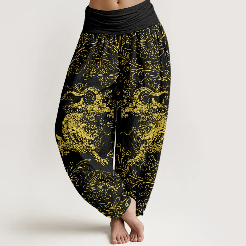 Buddha Stones Pure Cotton Dragon Floral Women's Elastic Waist Harem Pants